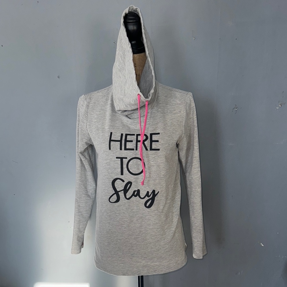 Gray Hoodie with Pink Drawstring - Here to Slay